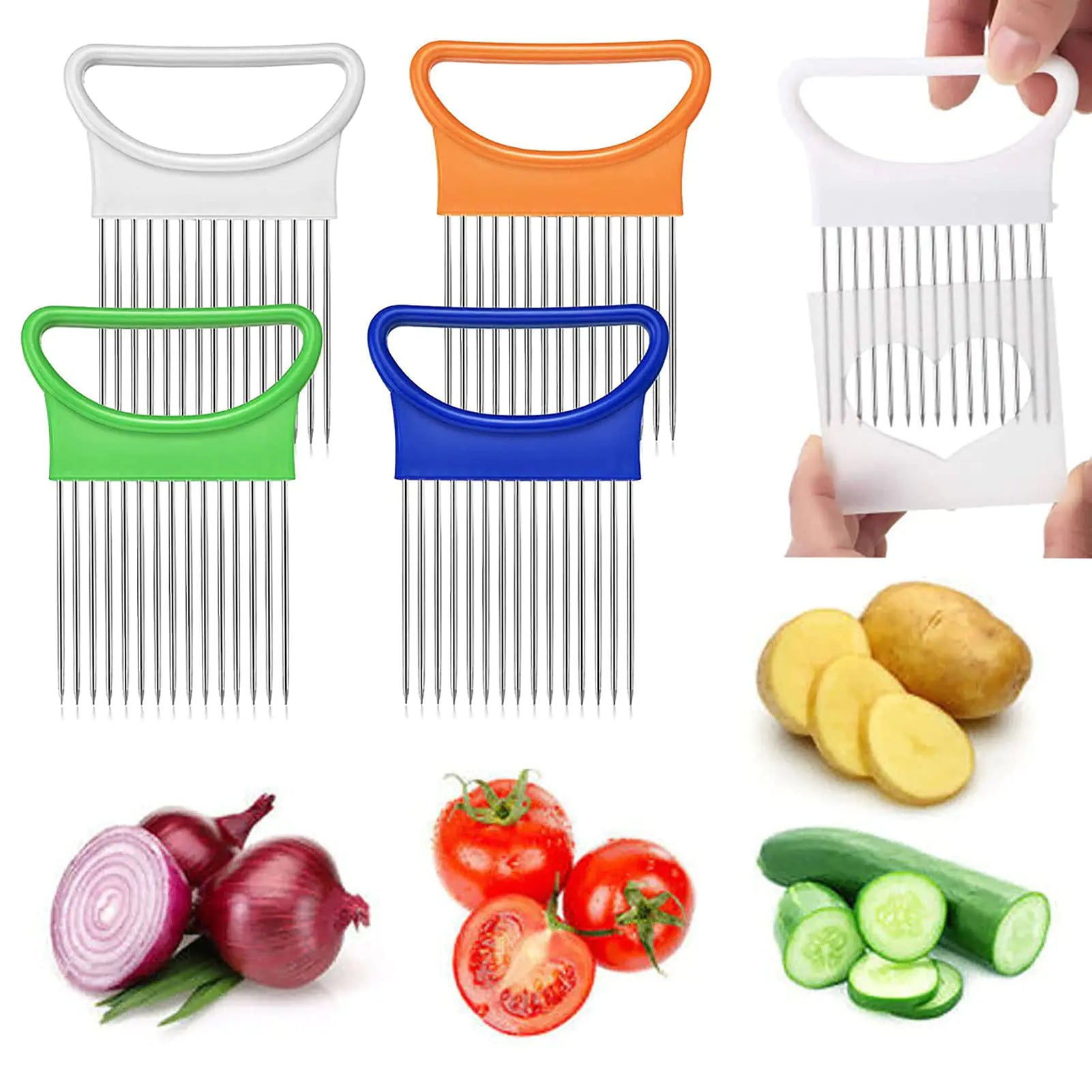2Pcs Onion Holder Slicer Stainless Steel Tomato Lemon Potato Vegetable Holder Slicer Cutter Tool for Kitchen Worker Slicing